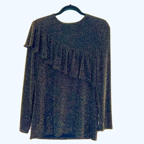 RAIN Ruffle Long-sleeve Black and Gold Stretchy Top Sz L - Picture 1 of 2